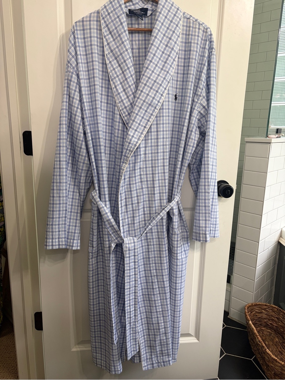 Ralph Lauren White and Blue size L/XL windowpane  Plaid Sleepwear robe. Cotton